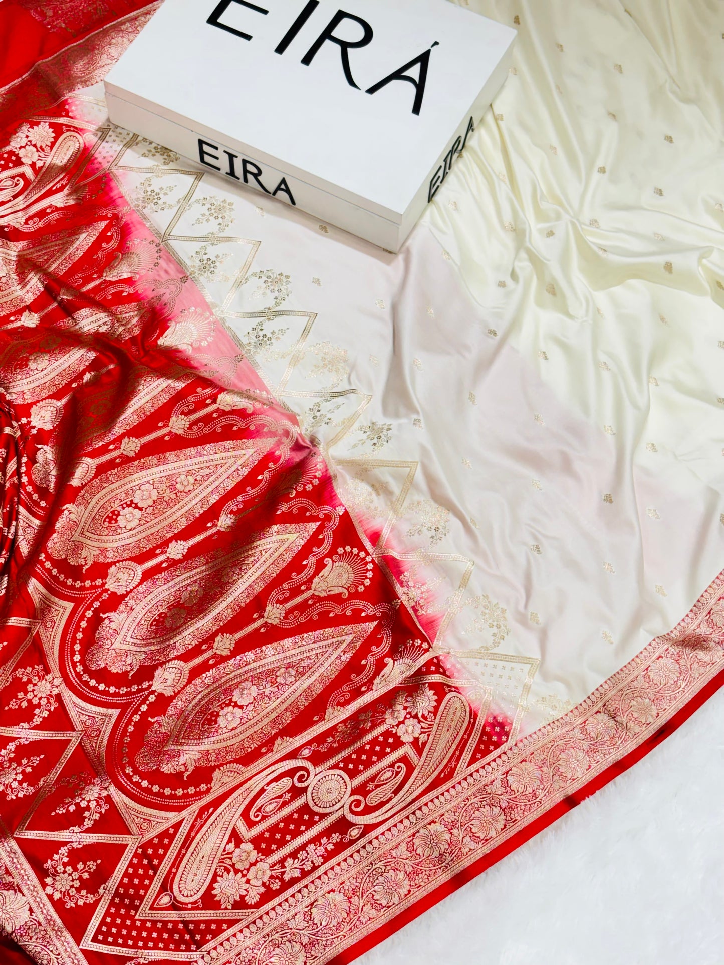 Sitara Off-White & Red Banarasi Mushroom Silk Saree | Contrast Border