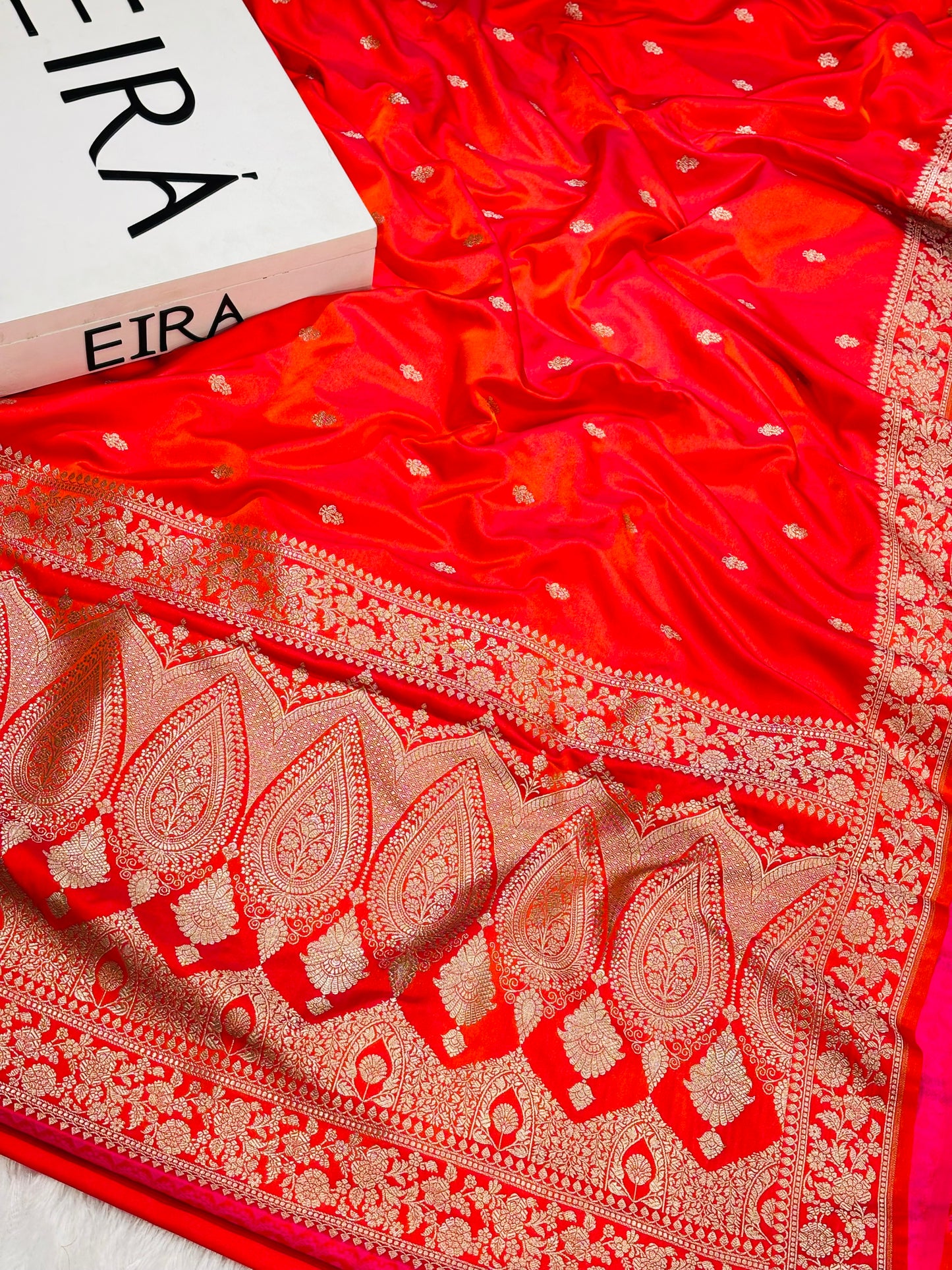 Rust Orange Banarasi Mushroom Silk Saree | Floral Zari & Paisley Border