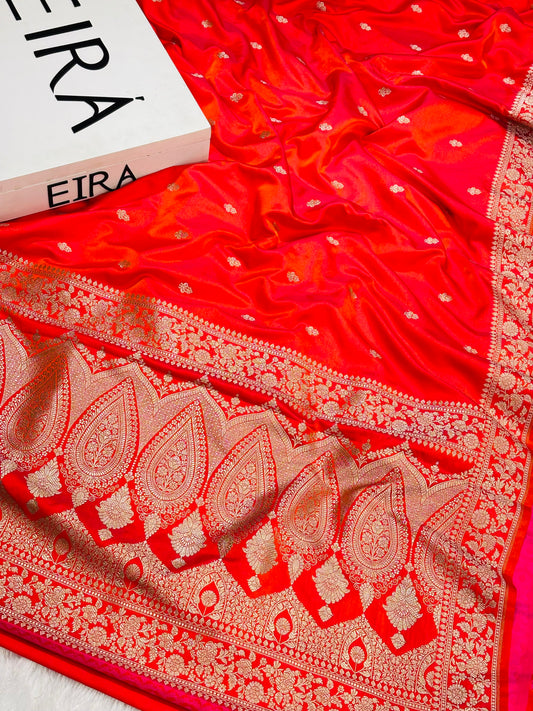 Rust Orange Banarasi Mushroom Silk Saree | Floral Zari & Paisley Border