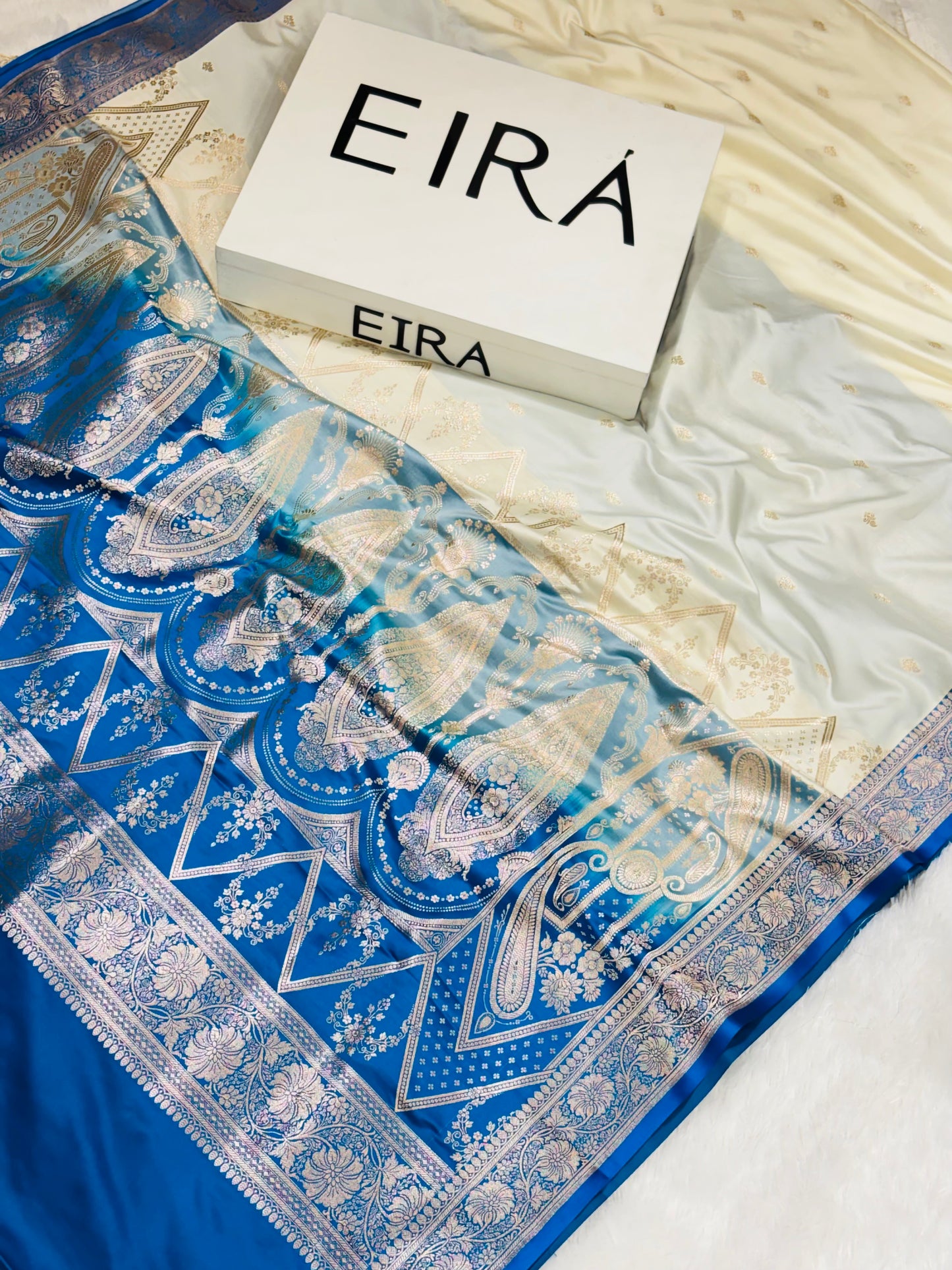 Sitara Off-White Banarasi Mushroom Silk Saree | Light Blue Contrast Border