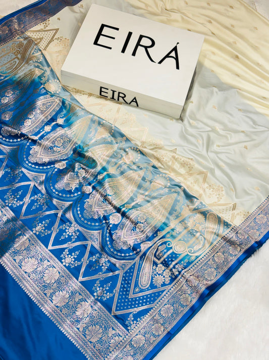 Sitara Off-White Banarasi Mushroom Silk Saree | Light Blue Contrast Border