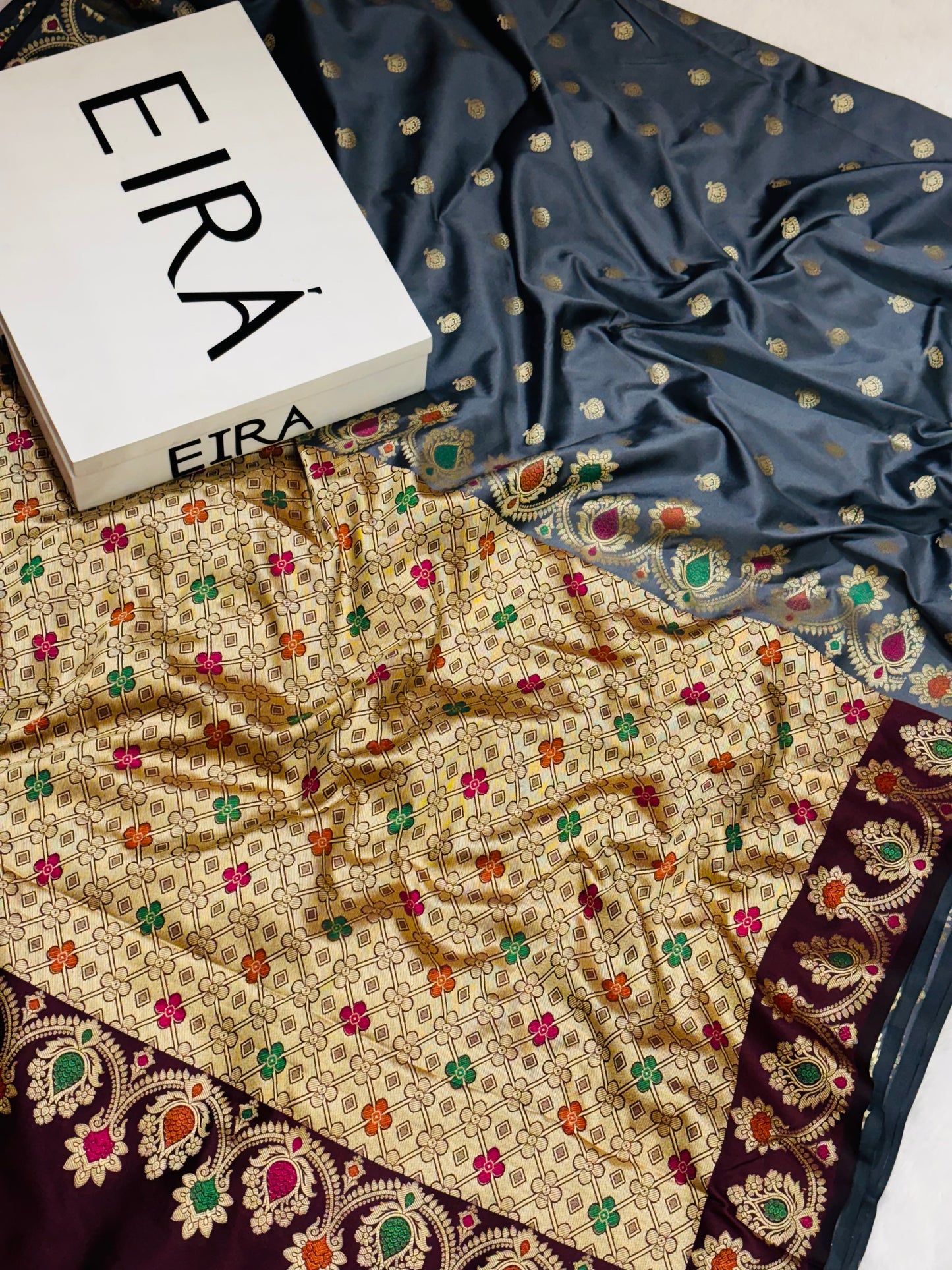 Banarasi Soft Silk Grey Saree with Mehroon Aanchal & Meena Zari Work