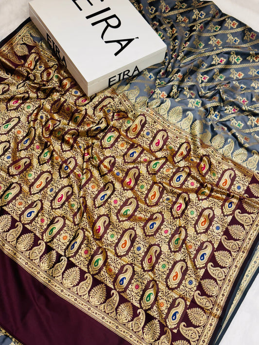 Meher Grey & Maroon Banarasi Softy Silk Saree | Contrast Aanchal & Floral Paisley Weaving