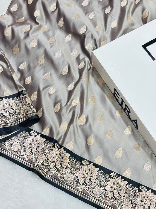 Nooré Noir – Grey & Black Banarasi Mushroom Silk Saree