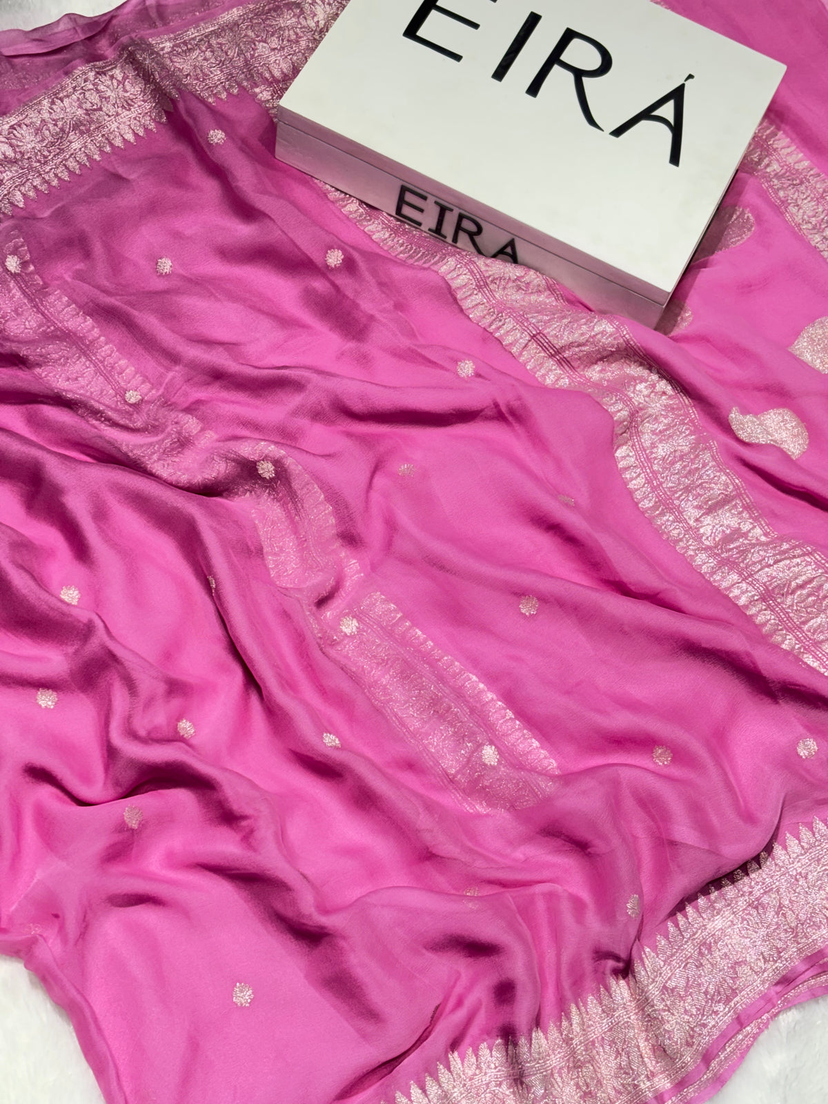 Gulab Noor Pink Pure Khadi Chiffon Saree | Elegant Zari Border & Butti Work