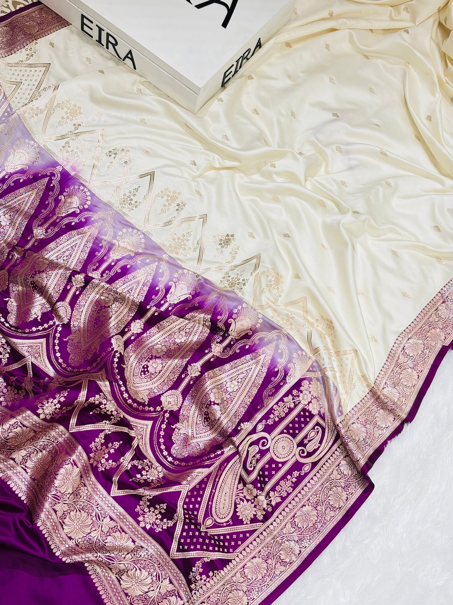 Sitara Off-White & Purple ￼ Banarasi Mushroom Silk Saree | Contrast Border ER -12