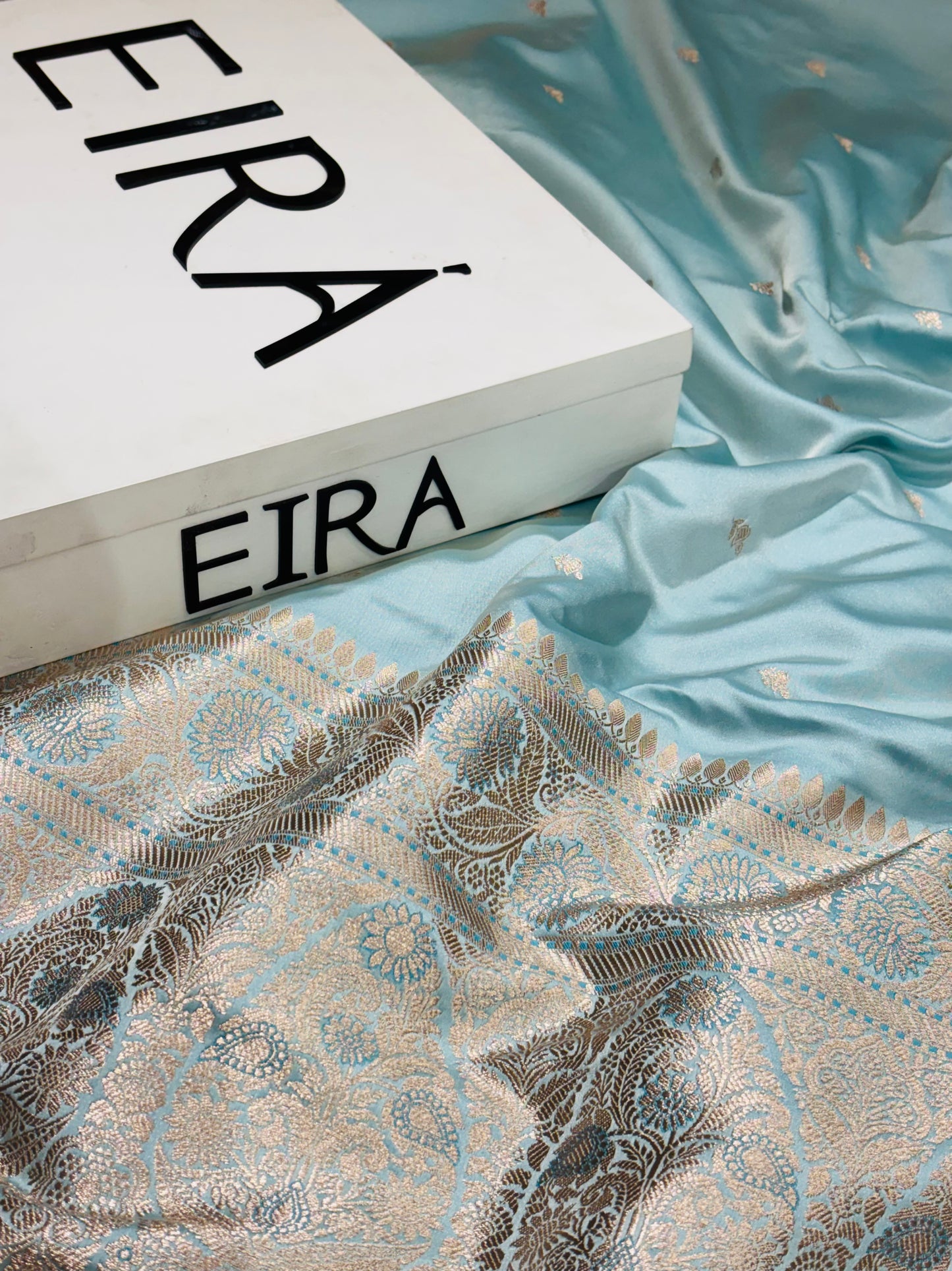 EIRA Celestial Aqua Banarasi Mushroom Silk Saree | Aqua Blue Banarasi Saree with Zari Work ER-0001