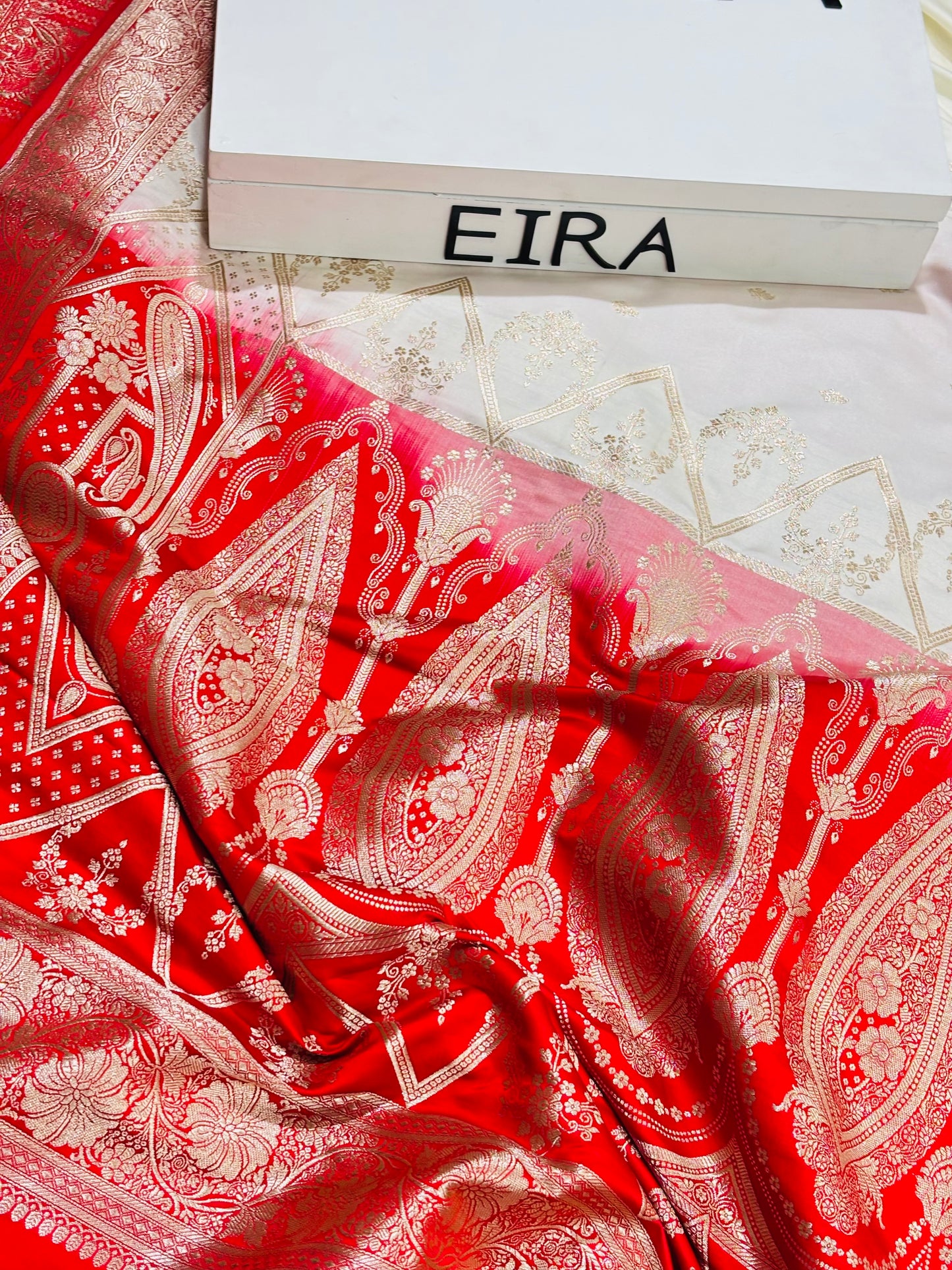 Sitara Off-White & Red Banarasi Mushroom Silk Saree | Contrast Border