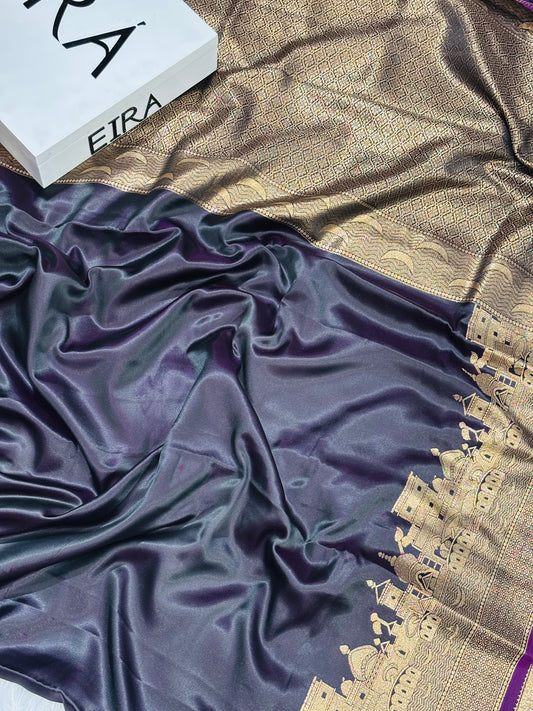 Navy Blue Banarasi Ghatt Silk Saree with Antique Zari Border & Pallu