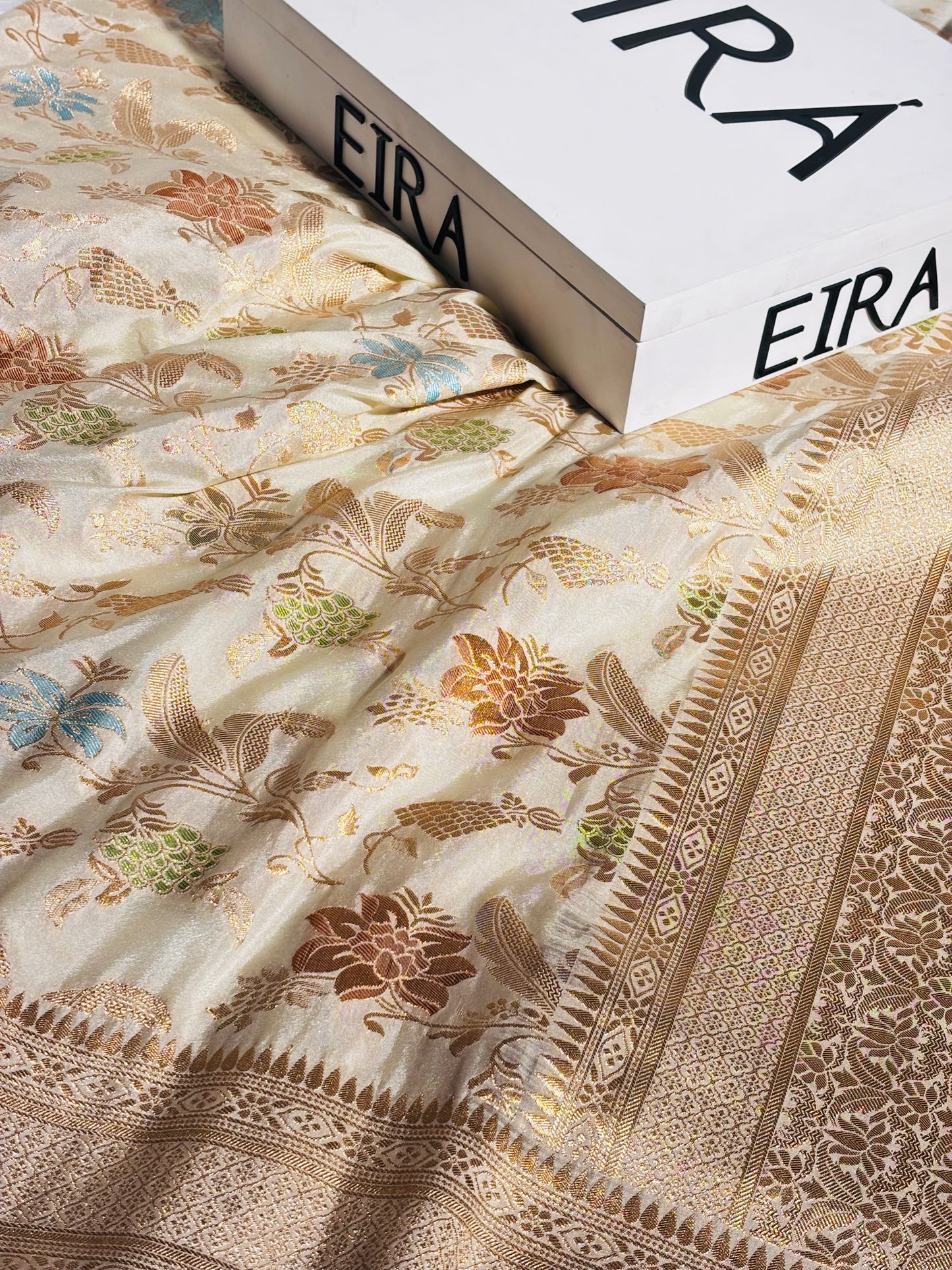 Ivory Blossom Semi Banarasi Chiffon Saree
