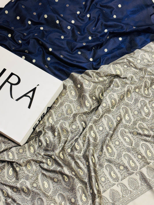 Navy Blue Banarasi Softy Silk Saree | Contrast Aanchal & Zari Meena Work
