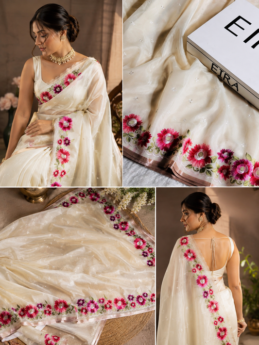 Banarasi Kora Saree with embroidery floral work