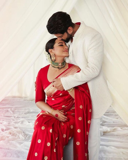 Sonakshi Sinha Inspired Red Mashru Katan Banarasi Silk Saree