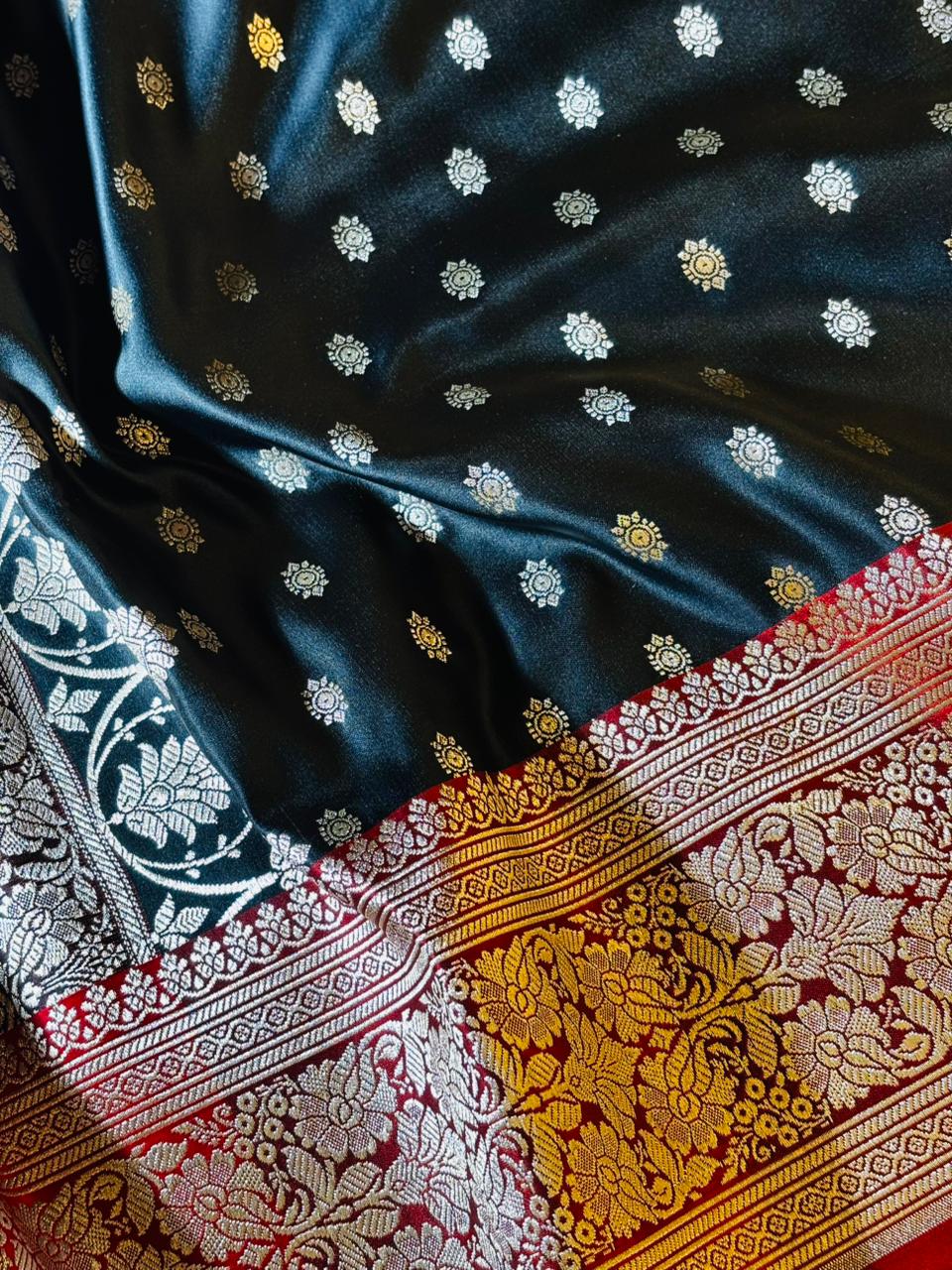 BLACK & RED  MASHRU KATAN SAREE