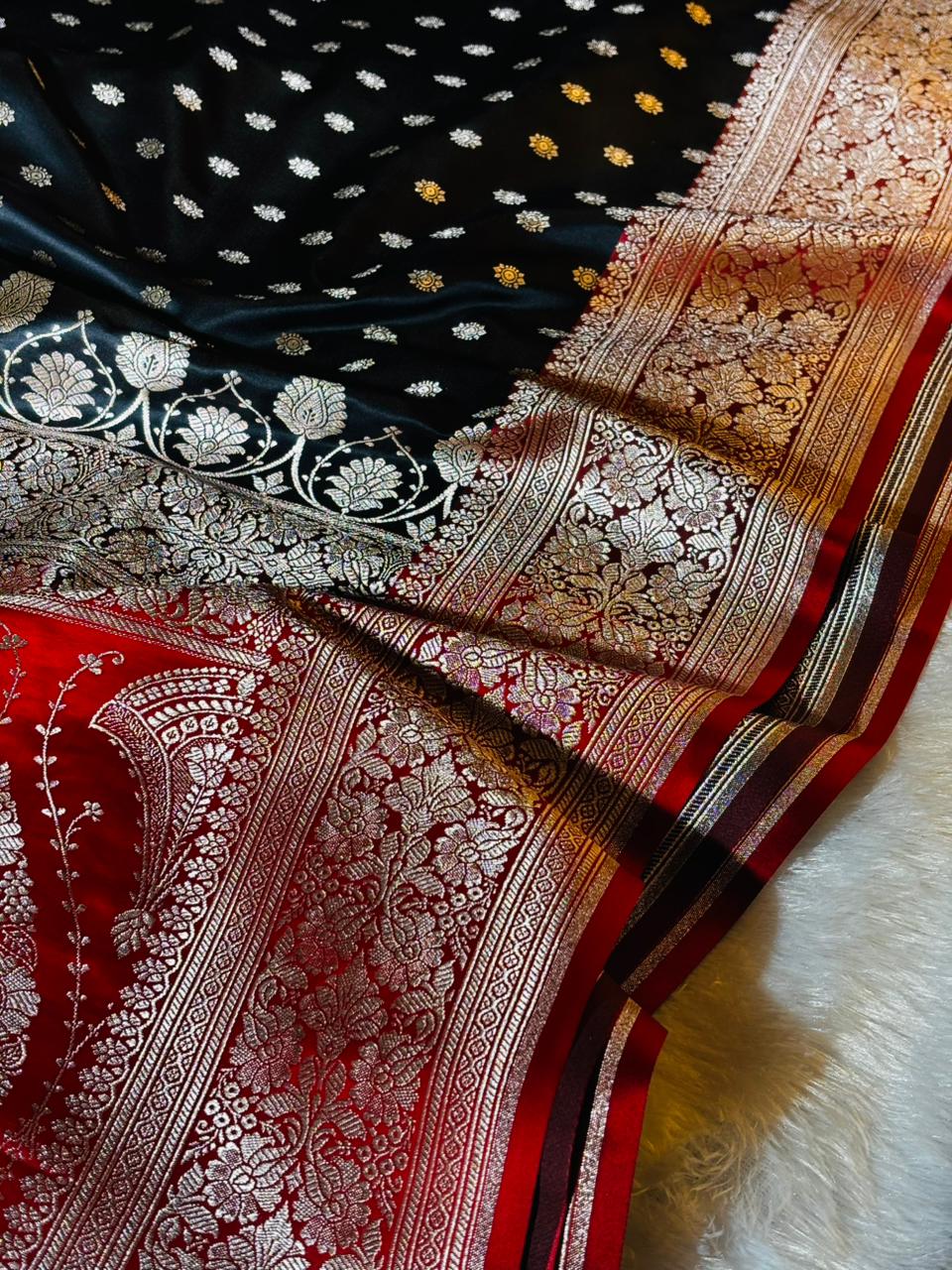BLACK & RED  MASHRU KATAN SAREE